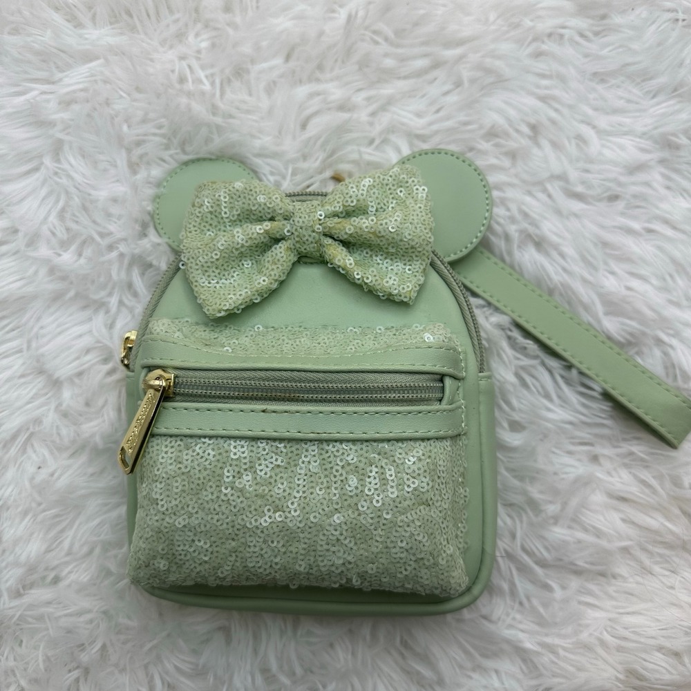 Disney Parks Loungefly Minnie Mouse Mint Green Sequin Bow Wristlet Mini Backpack